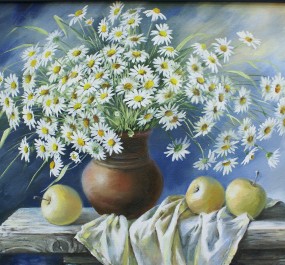 Картина "Ромашки и яблоки"