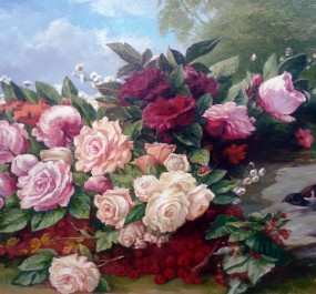 Картина "Розы с птичкой"